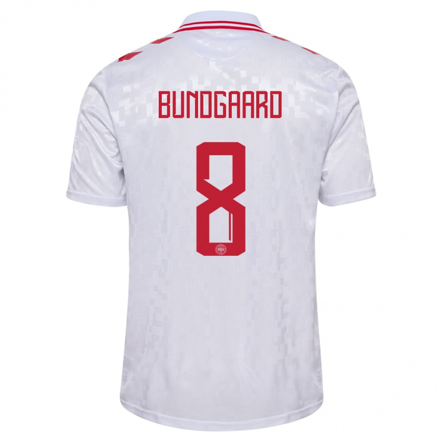 Damen Fußball Dänemark Filip Bundgaard #8 Weiß Auswärtstrikot Trikot 24-26 T-Shirt Luxemburg