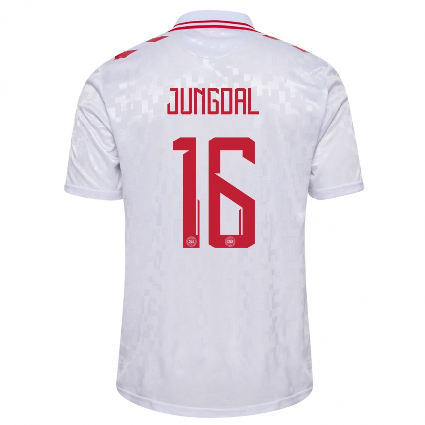 Damen Fußball Dänemark Andreas Jungdal #16 Weiß Auswärtstrikot Trikot 24-26 T-Shirt Luxemburg
