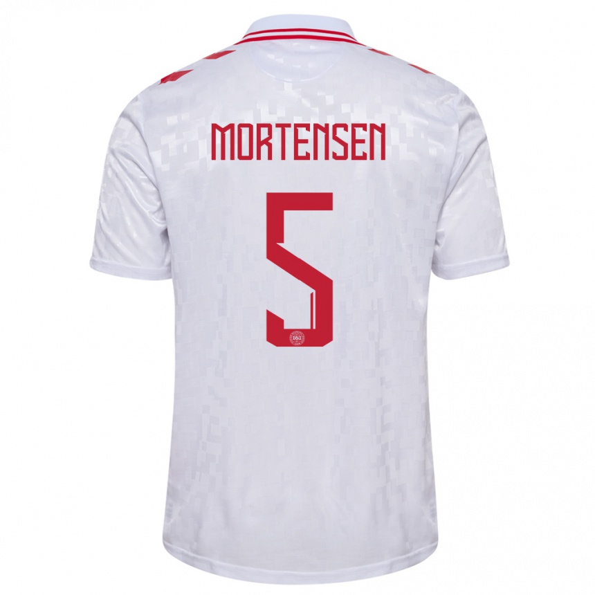 Damen Fußball Dänemark Gustav Mortensen #5 Weiß Auswärtstrikot Trikot 24-26 T-Shirt Luxemburg