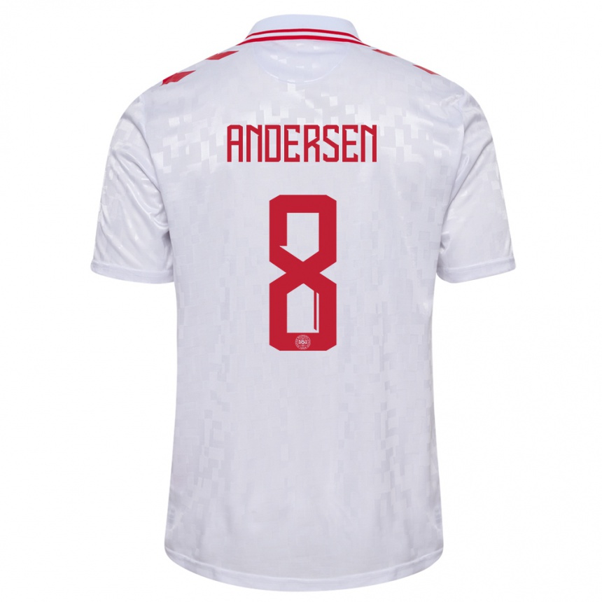 Damen Fußball Dänemark Silas Andersen #8 Weiß Auswärtstrikot Trikot 24-26 T-Shirt Luxemburg