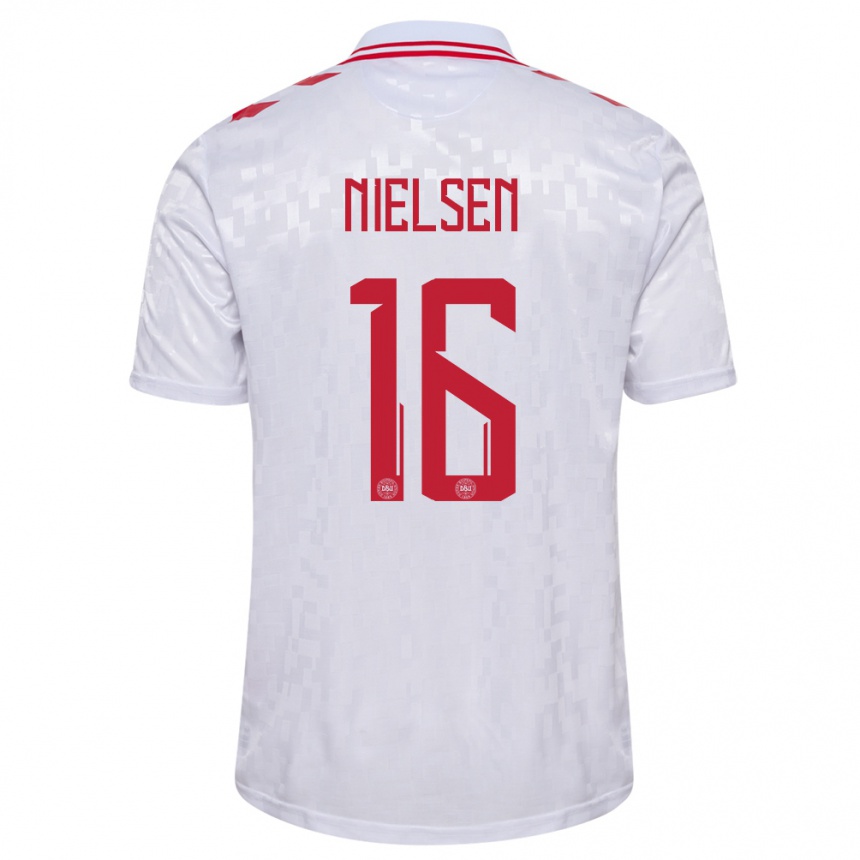 Damen Fußball Dänemark Magnus Nielsen #16 Weiß Auswärtstrikot Trikot 24-26 T-Shirt Luxemburg