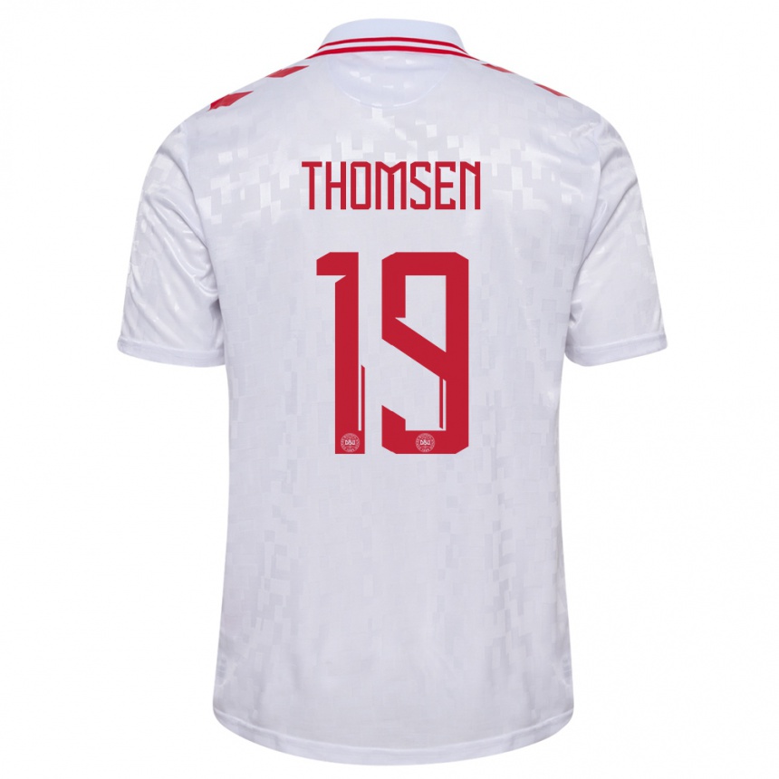 Damen Fußball Dänemark Janni Thomsen #19 Weiß Auswärtstrikot Trikot 24-26 T-Shirt Luxemburg