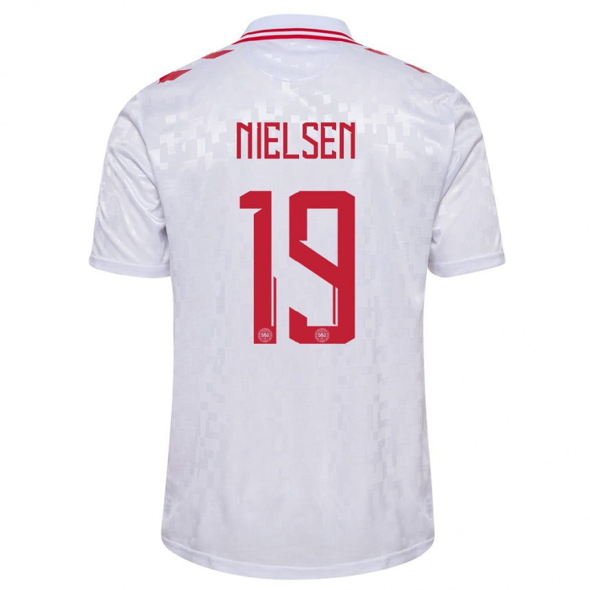 Damen Fußball Dänemark Casper Nielsen #19 Weiß Auswärtstrikot Trikot 24-26 T-Shirt Luxemburg