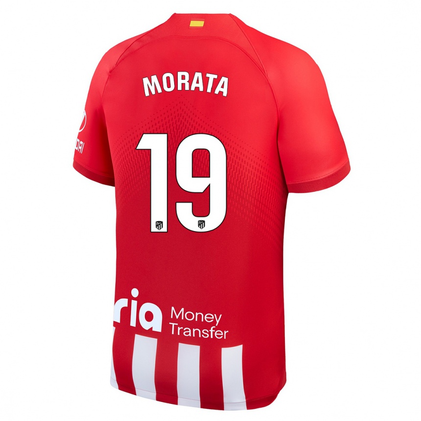 Kinder Fußball Alvaro Morata #19 Rot-Weiss Heimtrikot Trikot 2023/24 T-Shirt Luxemburg