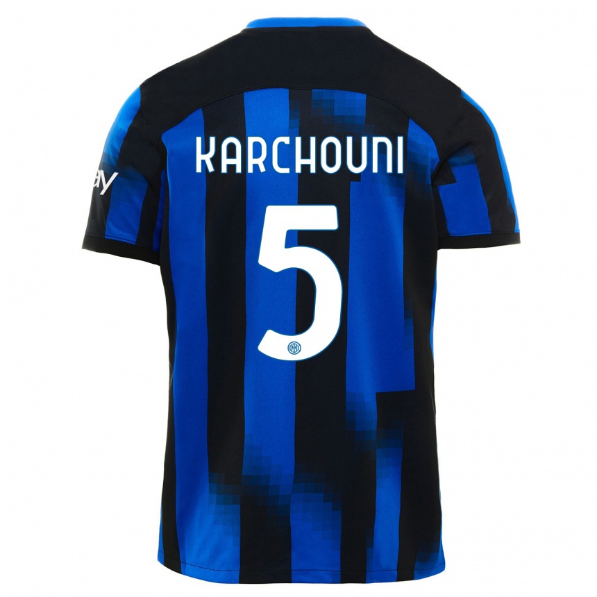 Kinder Fußball Ghoutia Karchouni #5 Schwarz Blau Heimtrikot Trikot 2023/24 T-Shirt Luxemburg