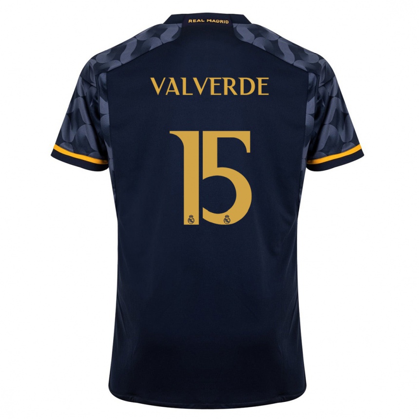 Kinder Fußball Federico Valverde #15 Dunkelblau Auswärtstrikot Trikot 2023/24 T-Shirt Luxemburg