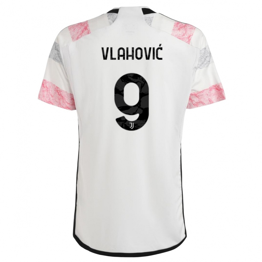Kinder Fußball Dusan Vlahovic #9 Weiß Rosa Auswärtstrikot Trikot 2023/24 T-Shirt Luxemburg