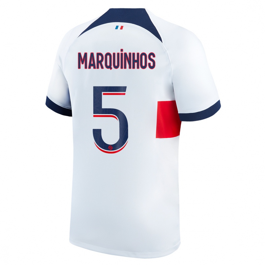 Kinder Fußball Marquinhos #5 Weiß Auswärtstrikot Trikot 2023/24 T-Shirt Luxemburg